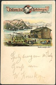 Hilsen fra Spitsbergen. Ufrankert postkort til Hamburg, stemplet "Advendt Bay Spitsbergen 1.7.98" og satt i porto.