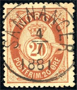 27. 20 øre skravert Posthorn, rettvendt fullstemplet "Samnanger 4.7.1881". Vakker.