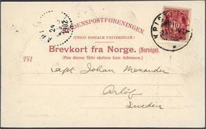 Baldwin Ziegler Expedition. A 10 øre stamps from Norway on postcard, cancelled "Kristiania 23.11.02" and sent from Antony Fiala to "Capt Johan Menander, Sweden" after he had returned from Franz Josef Land.