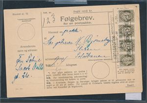 Nk 106 x4 på følgebrev stemplet "PAKKEPOST KRISTIANIA MAJORSTUEN". Uvanlig stempel, ett merke med feil