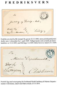 To komplette brev, begge sendt Portofrit, og begge stemplet "Frederiksværn". Hhv. "25.5.1849" i svart og "20.10.1854" i blått.