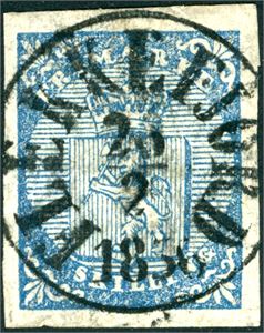 1. 4 skilling Våpen 1855, rettvendt fullstemplet "Flekkefjord 26.2.1856". Normale marger. Noe mørk i papiret.