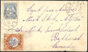 54,Arendal Bypost nr 7. 2 øre Arendal Bypost sammen med en 20 øre 20 mm på liten konvolutt til Canada, der bypostmerket er stemplet "Arendals Bypost" og 20 øren er stemplet "Arendal 14.5.88". Baksiden med transittstempel "New York" samt ankomststempel.