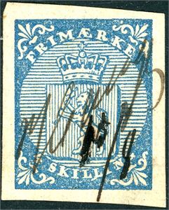 1. 4 skilling våpen 1855, annullert med håndskrevet "Mellum 15/8". Meget gode marger.