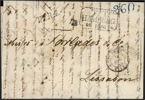 Komplett brev datert Bergen 14.de November 1844 og sendt til Lissabon, Portugal, stemplet "T.T.R.4", "T.T. Hamburg 26 Nov. 44" samt fransk transittstempel og portotall "360" (i blått) på forsiden. Baksiden med tre stempler, hvorav ankomststempel.