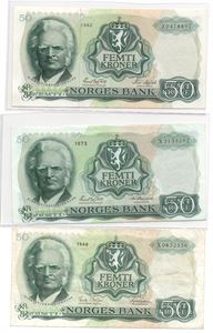 Lot. 50 kroner 1982 Z. 1966 X og 1973 X. Erstatningssedler. VK.