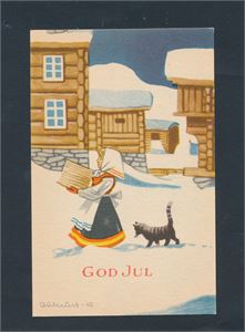 KUNSTNERKORT AUKRUST Jente og katt på gårdstun signert Aukrust -42. (Mittet serie 2736). Ubrukt og strøkent