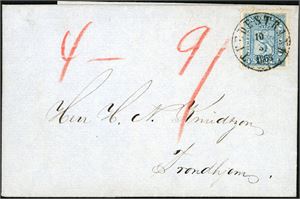 8. 4 skill på brevomslag, stemplet "Tvedestrand 10.3.1865" og sendt til Thronhjem. Forsiden er påskrevet "4 - 9", da dette brevet har ligget på topppen av en bunke på 4 brev til samme mottager, der mottageren måtte betale 9 skilling.