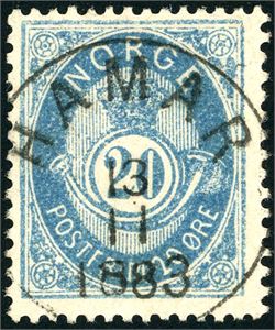 40 IIb. 20 øre blå, rettvendt fullstemplet "Hamar 13.11.1883".