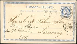 5 øres Brev-kort, pent stemplet "Borøen 9.12.1881" og sendt til Laurvig. Ved siden det uvanlige toringsstempelet "Chrs-Chrs.sand 10 Dec 81". Kortet er datert "Staubo 7. Dec. 1881".