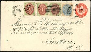 DWI. 10 c postage to England. 3 c stationary envelope upfranked with three 1 c (print IX with inverted frame) and one 4 c bicoloured (print II), cancelled some heavy "Frederiksted 14.2.1898" and sent to London. "St. Thomas 15.2.1898" and arrival cds "London Mr 4 98" at reverse.