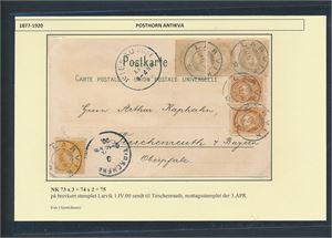 Nk 73 x3, 74 x2 og 75 stemplet "LARVIK 1 IV 00" til Tirschenreuth, Tyskland. Oppgitt: 1 kjent.