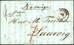 Belgia-Norge. 6 ufrankerte brev fra perioden 1852 til 1865.