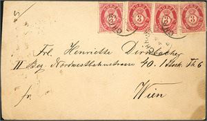 18. 12 skillings porto til Østerrike. Fire 3 skilliing Posthorn på konvolutt til Wien, stempet "Christiania 4.4.1876". Et par merker med taggefeil pga perifer plassering. Ankomststemplet på baksiden.