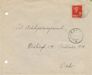 IV-455 - LANGVASSEID (Finnmark) (Aune: UKJENT), på brev til Oslo, sidestemplet KIRKENES SL 6 IX 35. Arkivhull venstre side. Frimerket skadet før avstempling