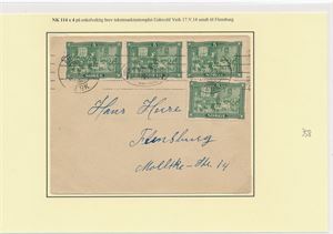Brev med Nk 114 x4 maskinstemplet "EIDSVOLD VERK 17 V 14". til Flensburg, Tyskland. Merk dato for avstemplingen!