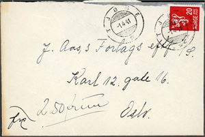 20 øre Løve på konvolutt, annullert med hjelpestempel "Tjømø 1.4.41" (VF).