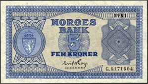 5 kroner 1951, serie G.6171604. 0