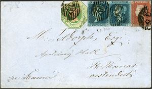 DWI. 1d, two 2d line engraved and one 1/- embossed on envelope from Aldgate, England to St. Thomas in 1852. A line postmark "Aldgate" in blue and a red "3 My 1852" at reverse. The stamps are with tight margins or gut into. Very early use of stamps to DWI, and maybe one of the two earlieste known. Ex K.Klugman.
