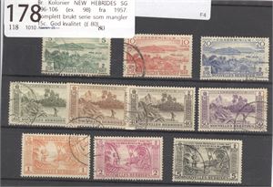 Br. Kolonier NEW HEBRIDES SG F96-106 (ex. 98) fra 1957.  Komplett brukt serie som mangler 15c.  God kvalitet  (£ 80)