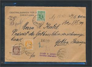 Bancobrev med Nk 98, 102b og 110 IIa stemplet "KRISTIANIA 18 VII 17" til Gotha, Tyskland. Foto begge sider