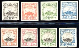 Kragerø Bypost. Åtte ulike prøvetrykk.