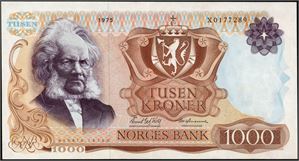 1000 kroner 1975, serie X 0177289. Erstatningsseddel. 1+