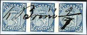 1. 4 skilling våpen 1855 i horisontal 3-stripe på lite brevstykke, annullert med håndskrevet "Brønø 9/7" (NO). Meget dekorativ enhet, tross tildels manglende marger.