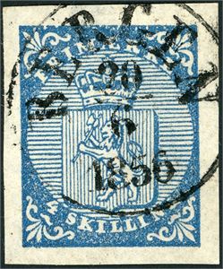 1. 4 skilling våpen 1855, fullstemplet "Bergen 20.6.1856". Gode marger.