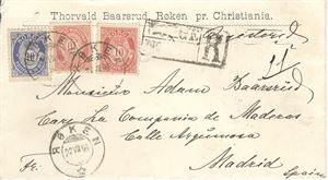 NK 57 , 58B 2x NK 57 og 1 NK 58B på pent Rekomandert brev st. RØKEN 22-VII-95, sendt til Spania, bak transit Randsfjordbanen postexp. 22-VII-95 og