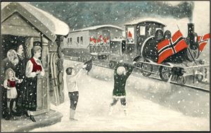 Julenisser på tog. Brukt i 1912. E.A.Schjørn, Kristiania. K-2