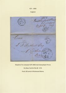 England GREAT BRITAIN. Ship Mail cover with full contens from Liverpool 4.9.1858 with steamer "Persia" (Cunard Line) via New York Br.Pkt.48 17.9., Postage marking "38 cents" to Richmond Maine.