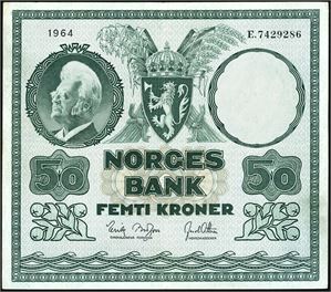 50 kroner 1964, serie E.7429286. 1-