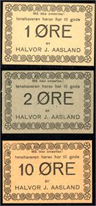 Halvor J. Aasland. Kredittmerker 1941/42. 1 øre, 2 øre og 10 øre. 0