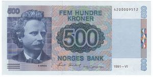 500 kroner 1991. 6 Utg. Kv.0