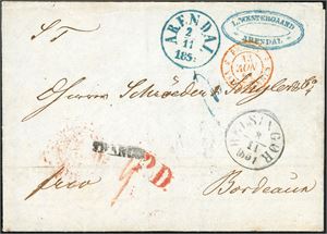 Komplett brev, stemplet "Arendal 2.11.1851" i blått og sent til Bordeaux. Forsiden har også stemplene"Helsingør" og "Paris", baksiden med to Hamburg-stempler, "Aachen", "Berlin-München" samt ankomststempel.