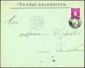 T 4. 20 øre Tjenestemerke på konvolutt, anert med 4-rings "646" (Austenå, Åmli, AA) og ved siden stemplet "Ramse 21.1.27". Logo fra Tovdal heradstyre.