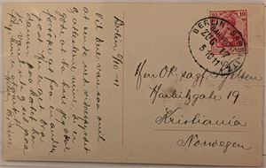 TYSKLAND-REICH, kort til Norge pent stemplet "Berlin-Sassnitz Zug" i 1911, forsiden av kortet viser kvinnelig flyger.