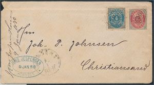 DANMARK, 4 og 8ø tofarget på pent brev nr st "30?" (Horsens) til Christianssand. Firmastempel daterer det til 9-1 1880"