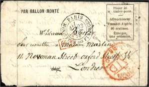 Balloon cover from "La Ville d´Orleans" with "Paris 23.nov 70" cds. This letter are rescued near Mandal, Norway were forwarded to London. "London Paid" in red on fromt and "London De 2 70" at reverse. Cert. J.Robineau.
