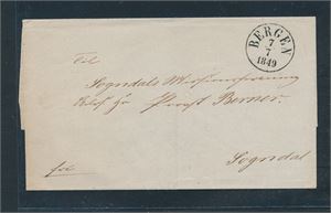 Prefrim "BERGEN 7-7-1849" i sort. Pent betalt brev til Sogndal