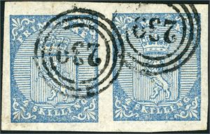 1. 4 skilling våpen 1855 i horisontalt par, anert med nummerstempel "239" (Risør). Gode marger. Attes FCM.