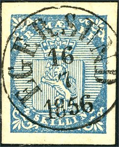 1. 4 skilling våpen 1855, rettvendt stemplet "Egersund 16.7.1856". Meget gode marger i alle sider.