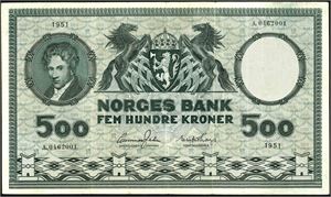 500 kroner 1951, serie A.0462001. 1/1-