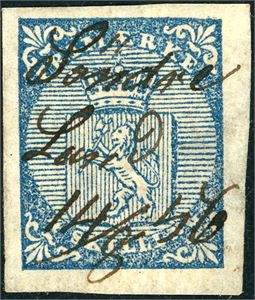 1. 4 skilling Våpen 1855, annullert med håndskrevet "Søndre Land 14/8 56". Gode- til meget gode marger. Attest FCM.