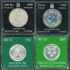 12 Svenske sølvmynter i liten eske: 5 stk 100 kr 1983/85 á 16gr/.925, 5 stk 200 kr 1980/92 á 27gr/.925 og to 50 kroner 1975/76 á 27gr/.925. Totalt 387,5 rent AG. Også 3 stk Norske 175 kroner.