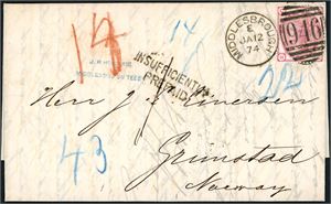 Great Britain. 14 covers, all sendt to Grimstad, Norway between 1862-1875. 12 are with stamps.