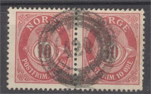 IV-420 Bjørnøy (Tr, 8pkt) fullstemplet på par NK100.  Uttalelse fra H.J.Enger "Høyre mrk. Har spor etter vertikal brekk og en liten rift i høyre side.