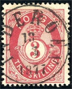 18. 3 skilling Posthorn, rettvendt, nær fullstemplet "Inderøen 13.7.1877".