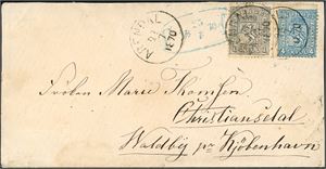 11,14. 5 skillings porto til Danmark. 1 skill 1 og 4 skill 4 på konvolutt til Kjøbenhavn, stemplet "Arendal 22.7.1870". Ved siden det ovale danske fotpoststempelet "FP 25.7.70". På baksiden "Sandøsund", "Kjøbenhavn" samt det uvanlige "Kjøbenhavns Fodp. 25.7.1870" i blått. Eneste kjente norske brev med dette stempelet.